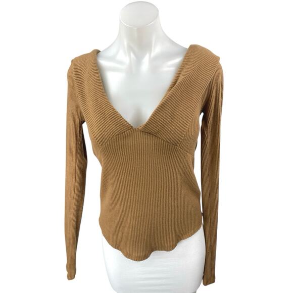 Free People We The Free Tan Ribbed Knit Long Sleeve V Neck Sweater Top Size M - Picture 1 of 4